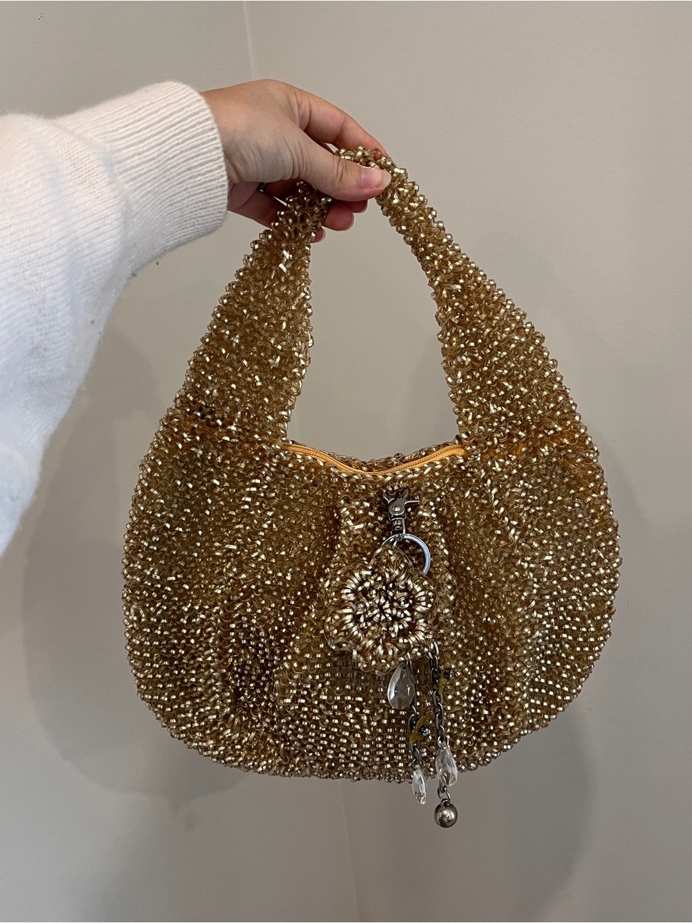 Y2K Gold Metallic Woven Hobo Shoulder Bag Beaded Charm Purse